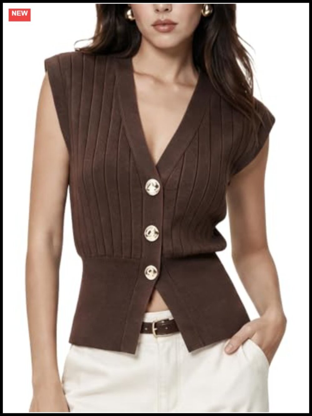 Fitted Ribbed Button Front Sweater Vest Knit Top
